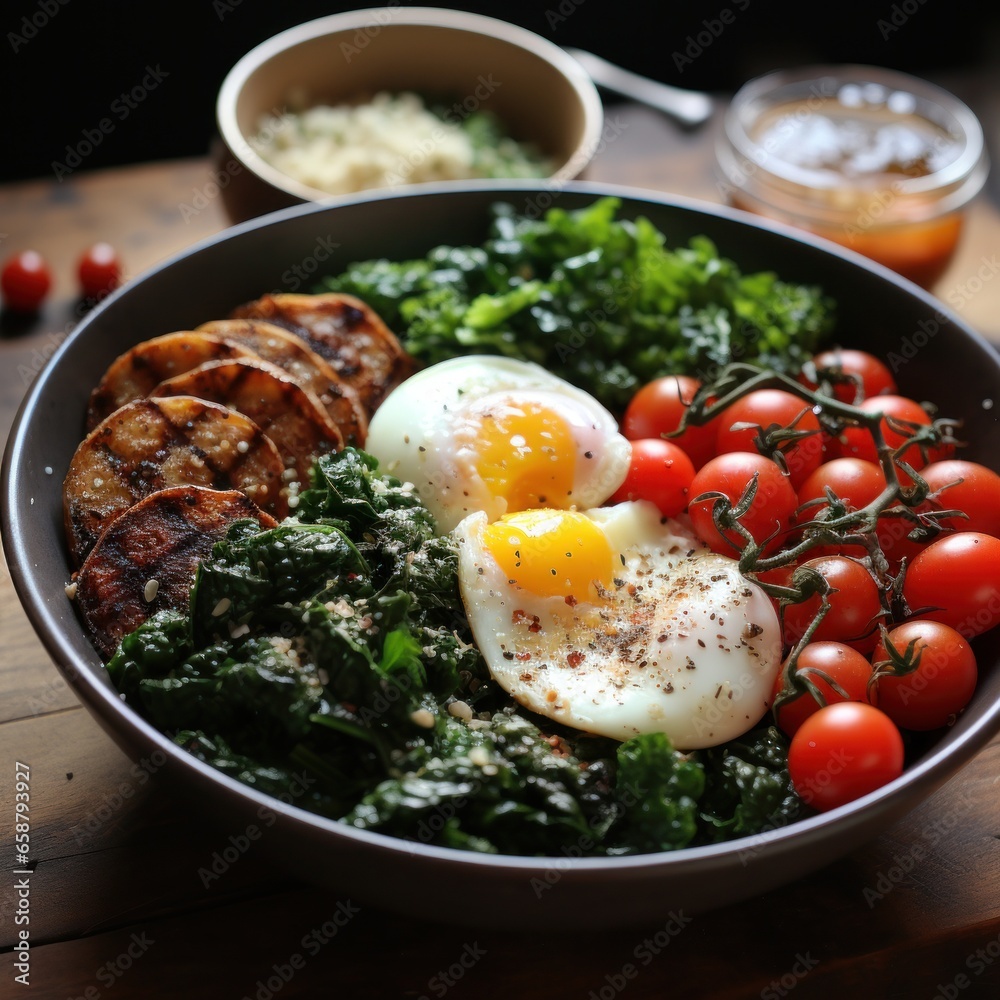 Quinoa bowl: protein-rich, gluten-free, and filling breakfast with veggies and eggs