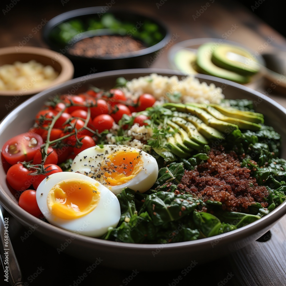 Quinoa bowl: protein-rich, gluten-free, and filling breakfast with veggies and eggs