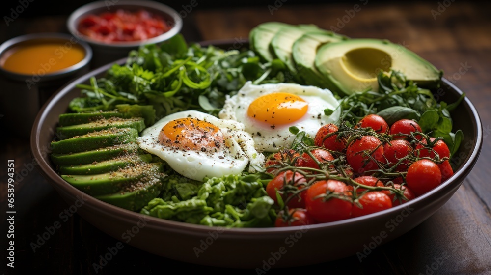 Quinoa bowl: protein-rich, gluten-free, and filling breakfast with veggies and eggs