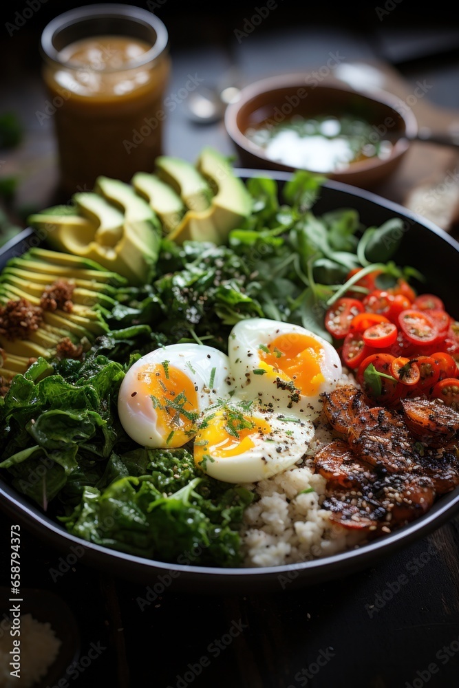 Quinoa bowl: protein-rich, gluten-free, and filling breakfast with veggies and eggs