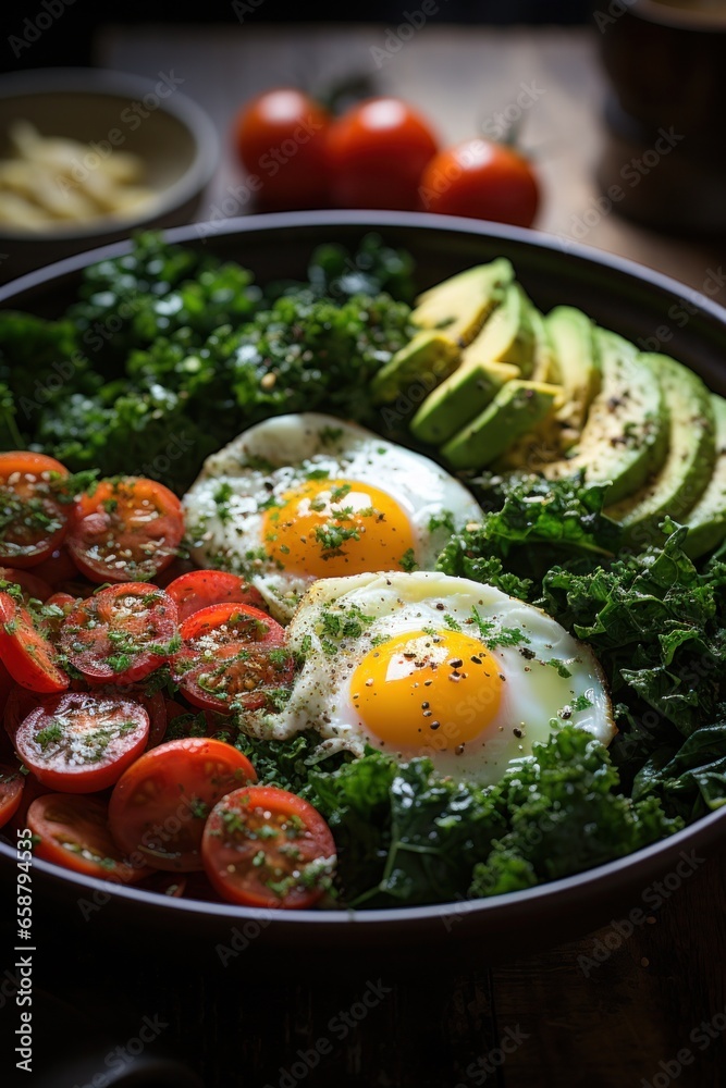 Quinoa bowl: protein-rich, gluten-free, and filling breakfast with veggies and eggs