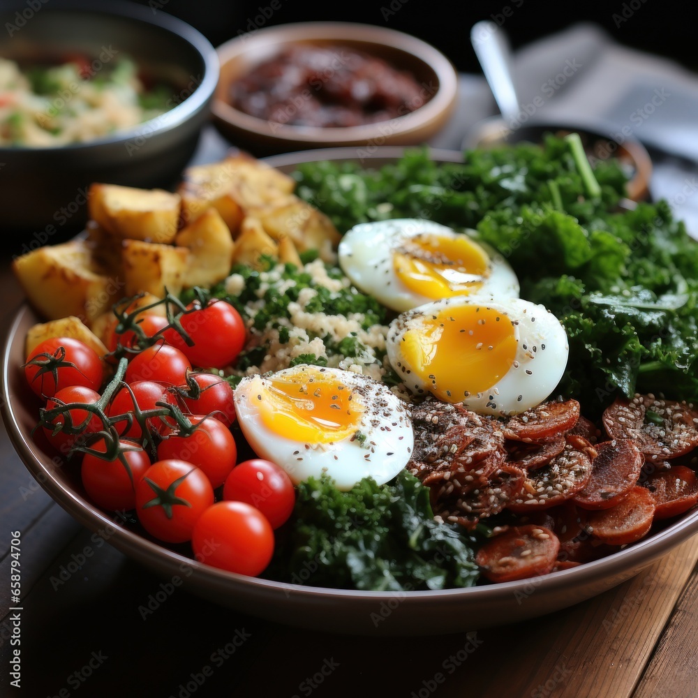 Quinoa bowl: protein-rich, gluten-free, and filling breakfast with veggies and eggs