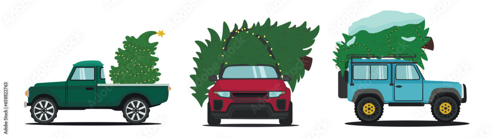 Set of cars with Christmas trees on white background