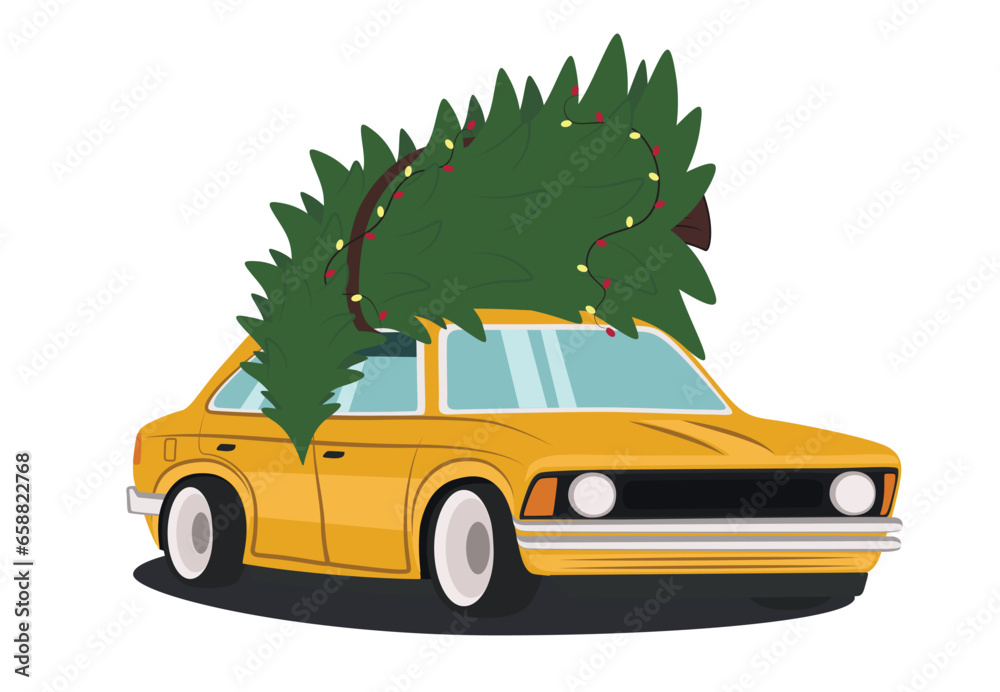 Car with Christmas tree on white background