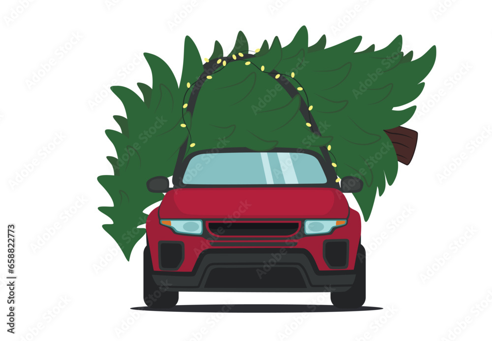 Car with Christmas tree on white background, front view