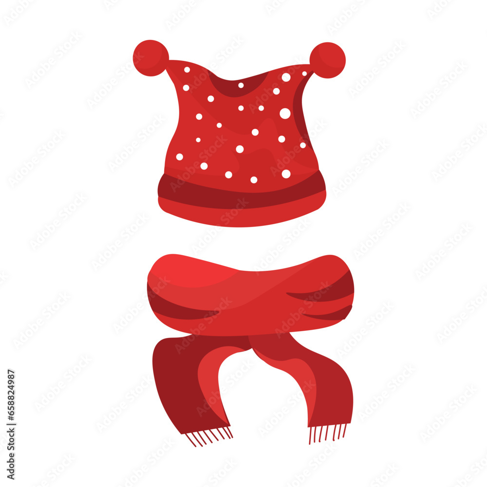 Stylish winter hat and scarf for children on white background