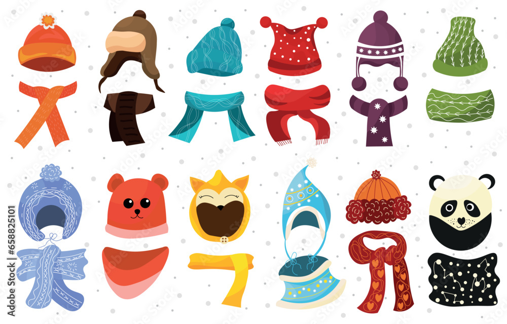 Set of cute winter hats and scarfs for children on white background