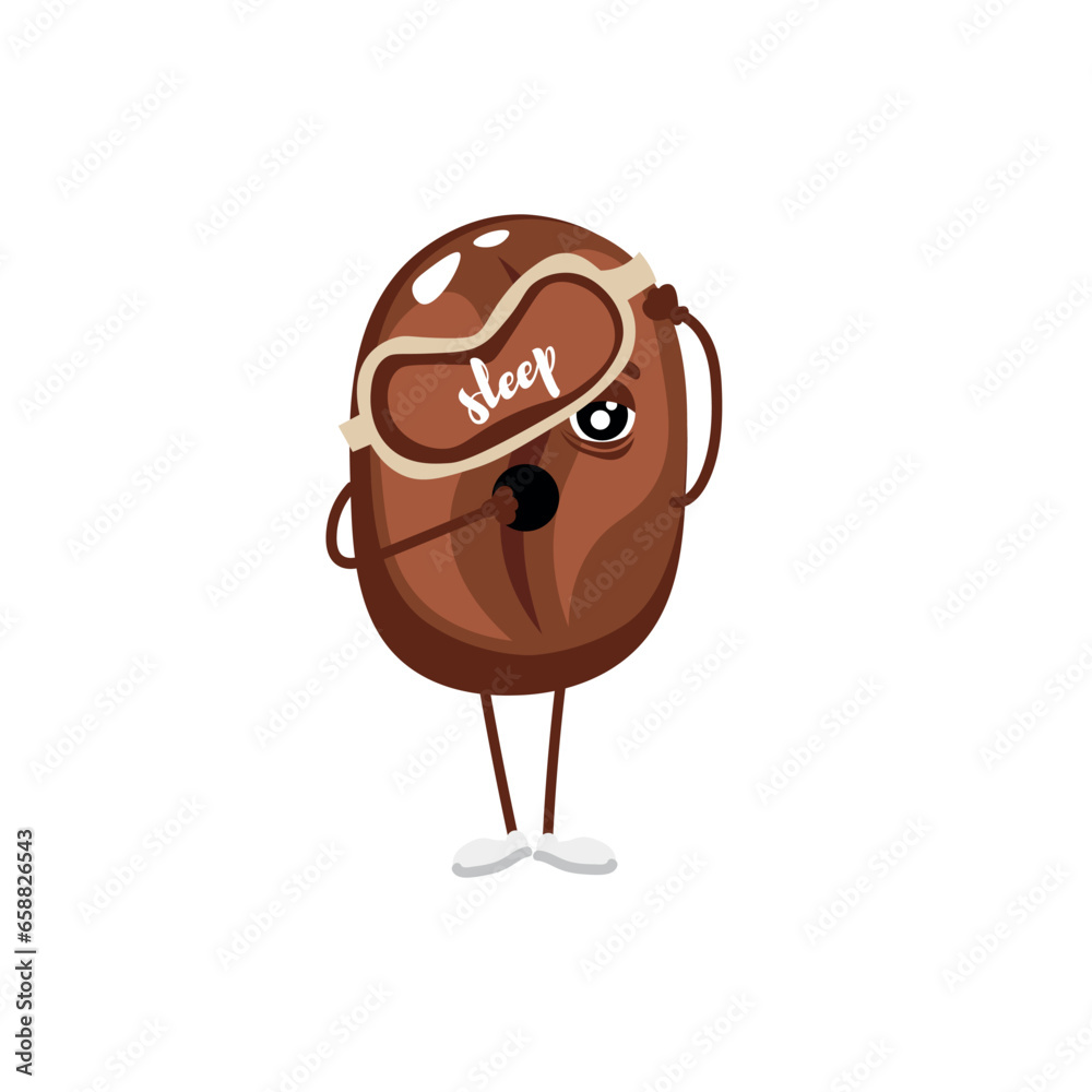 Yawning coffee bean with sleep mask on white background