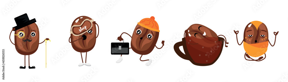 Set of cute coffee beans on white background