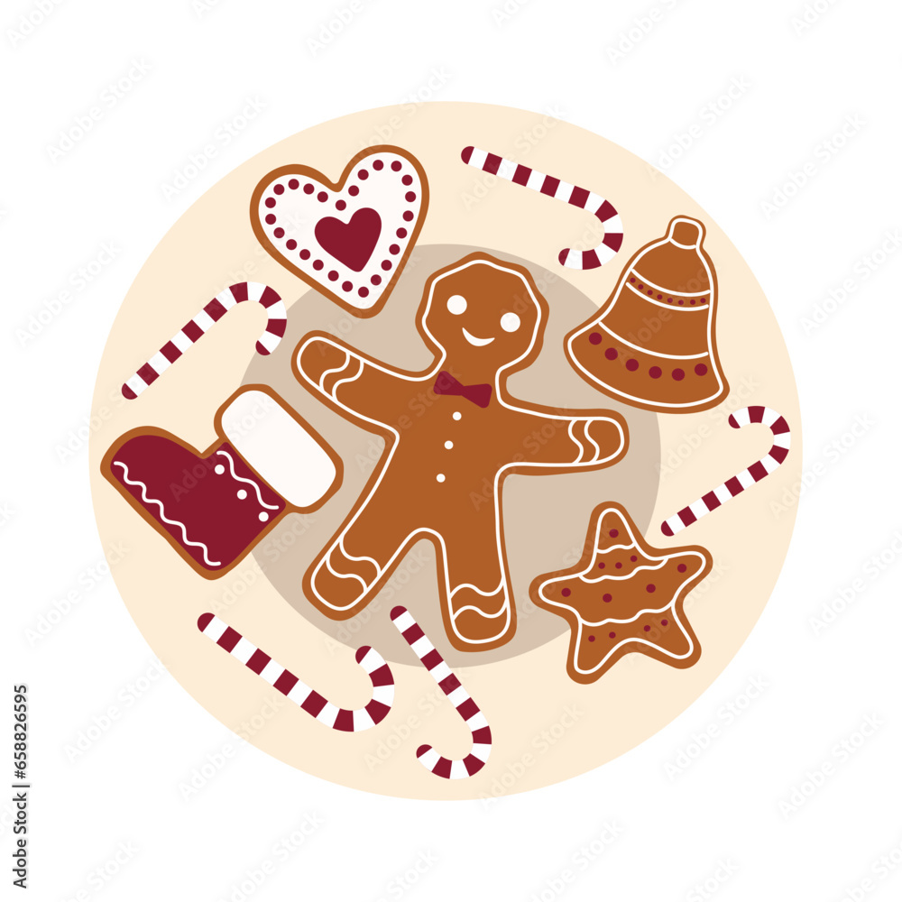 Plate with tasty Christmas treats on white background