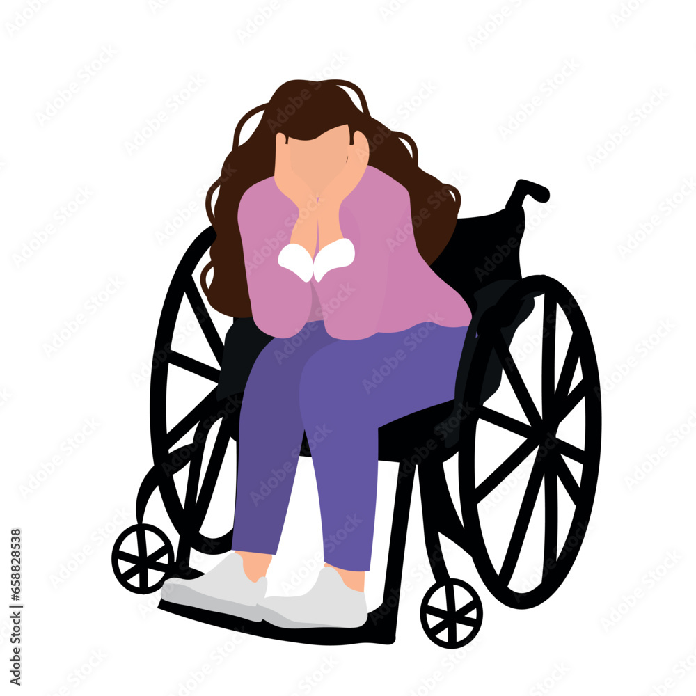 Woman sitting in wheelchair on white background