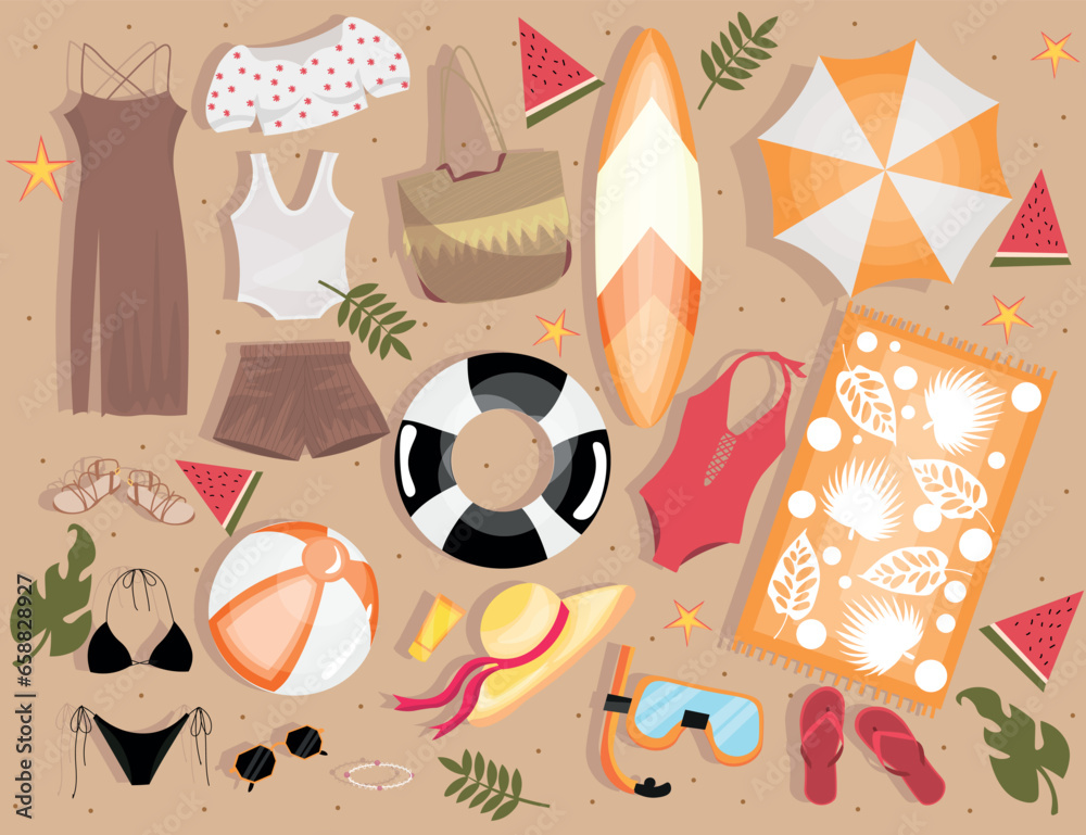 Set of beach accessories and clothes on beige background