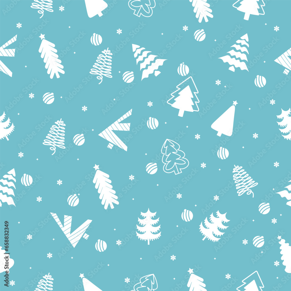 Many Christmas trees and balls on light blue background. Pattern for design