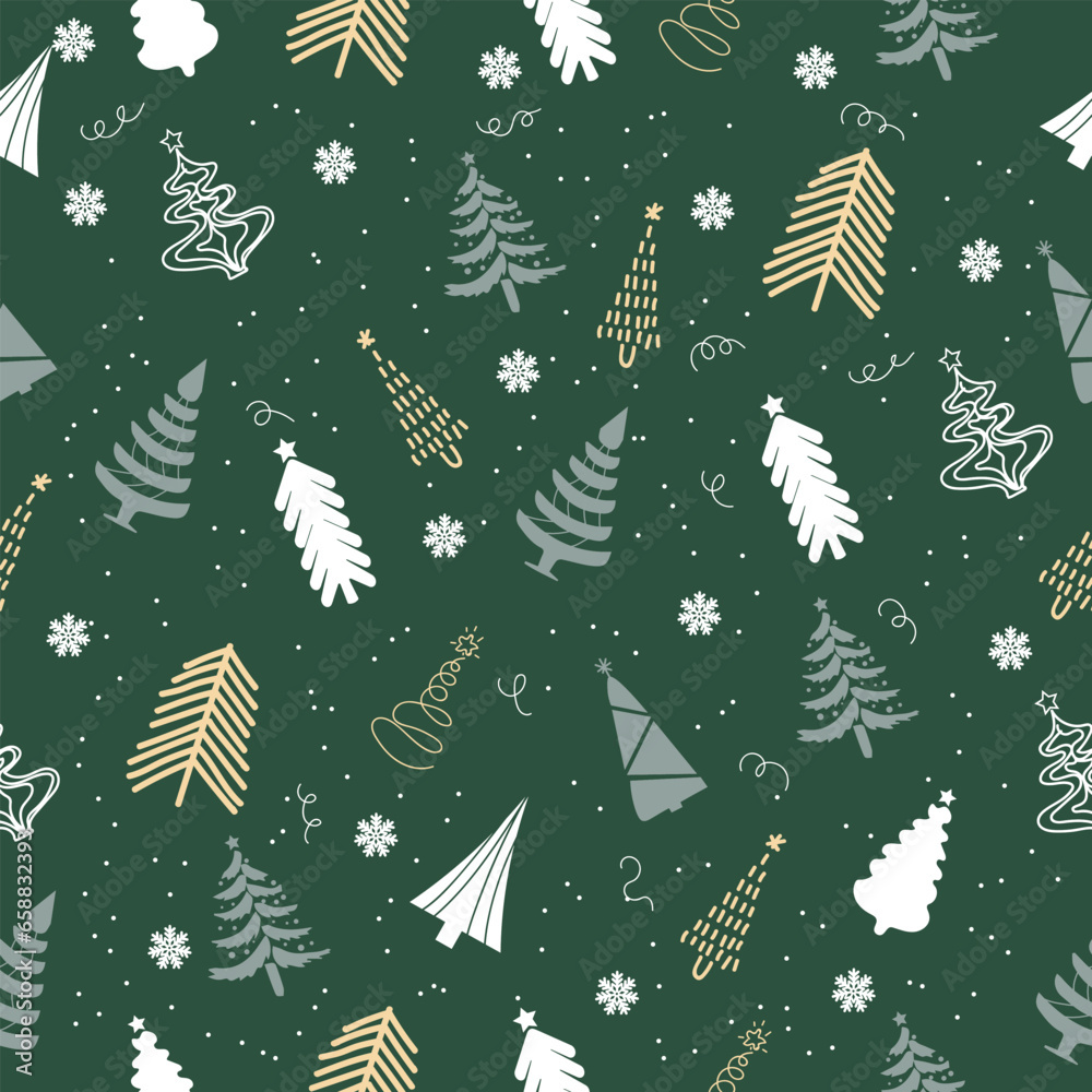 Many Christmas trees and snowflakes on green background. Pattern for design