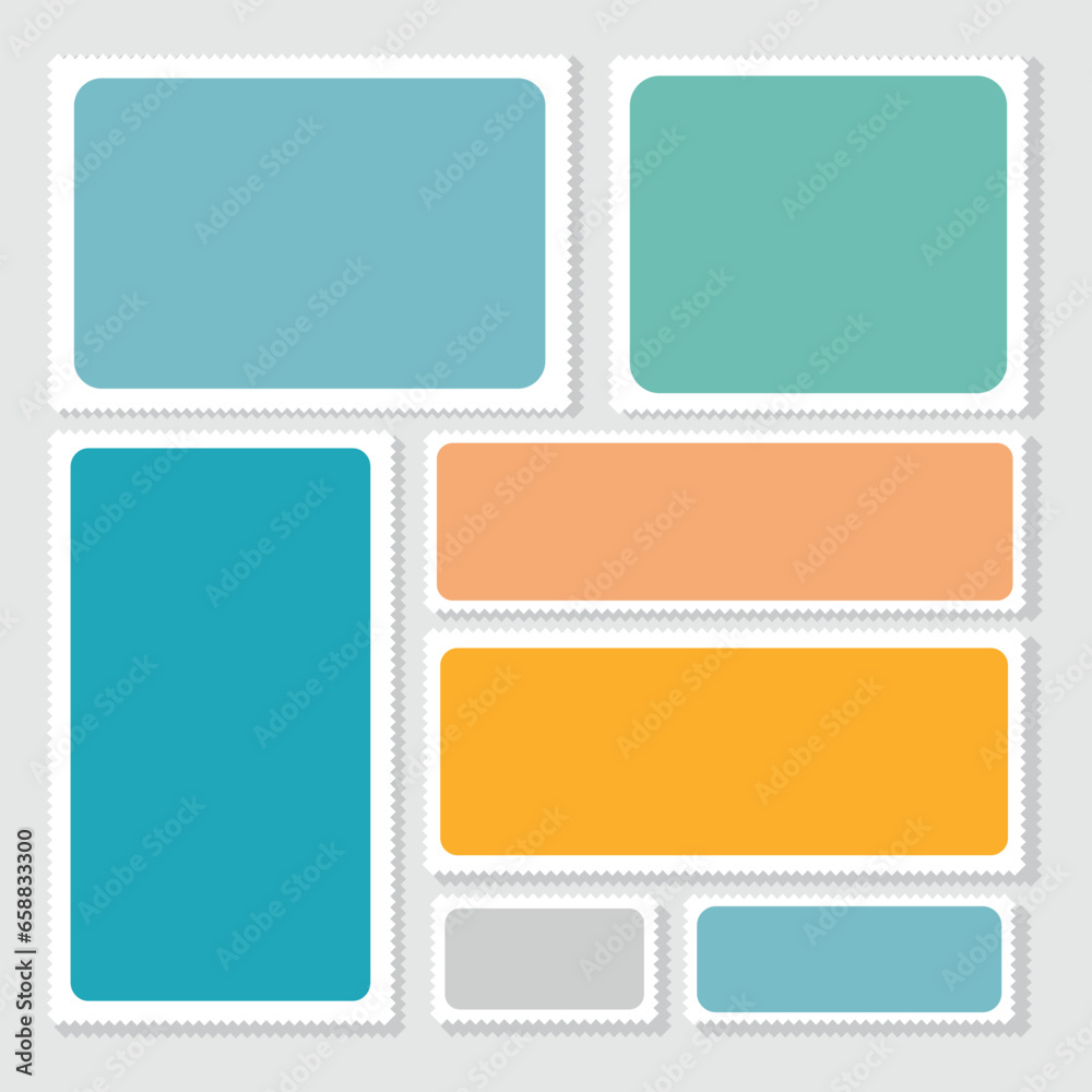 Set of blank postage stamps on light background