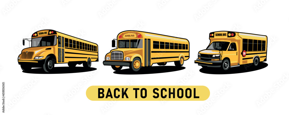 Set of yellow buses and text BACK TO SCHOOL on white background 