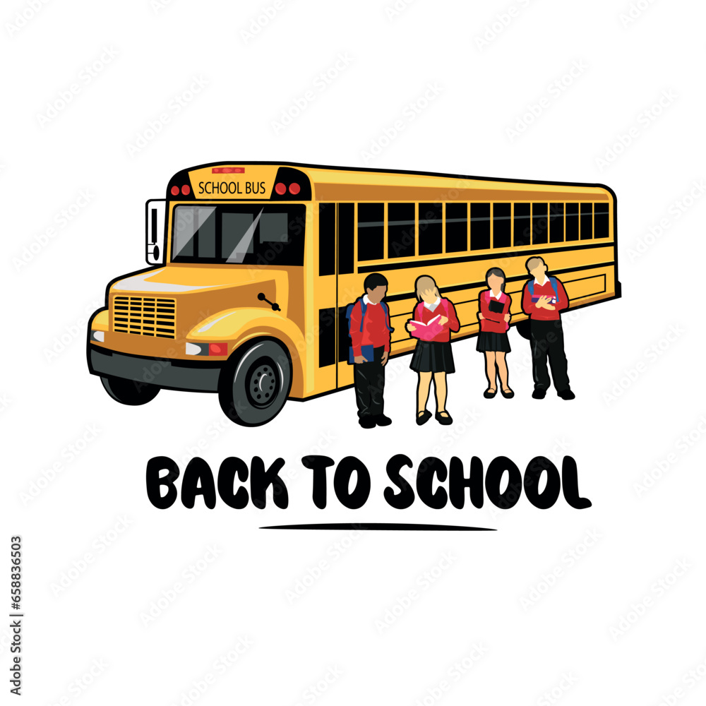 Students near yellow school bus on white background