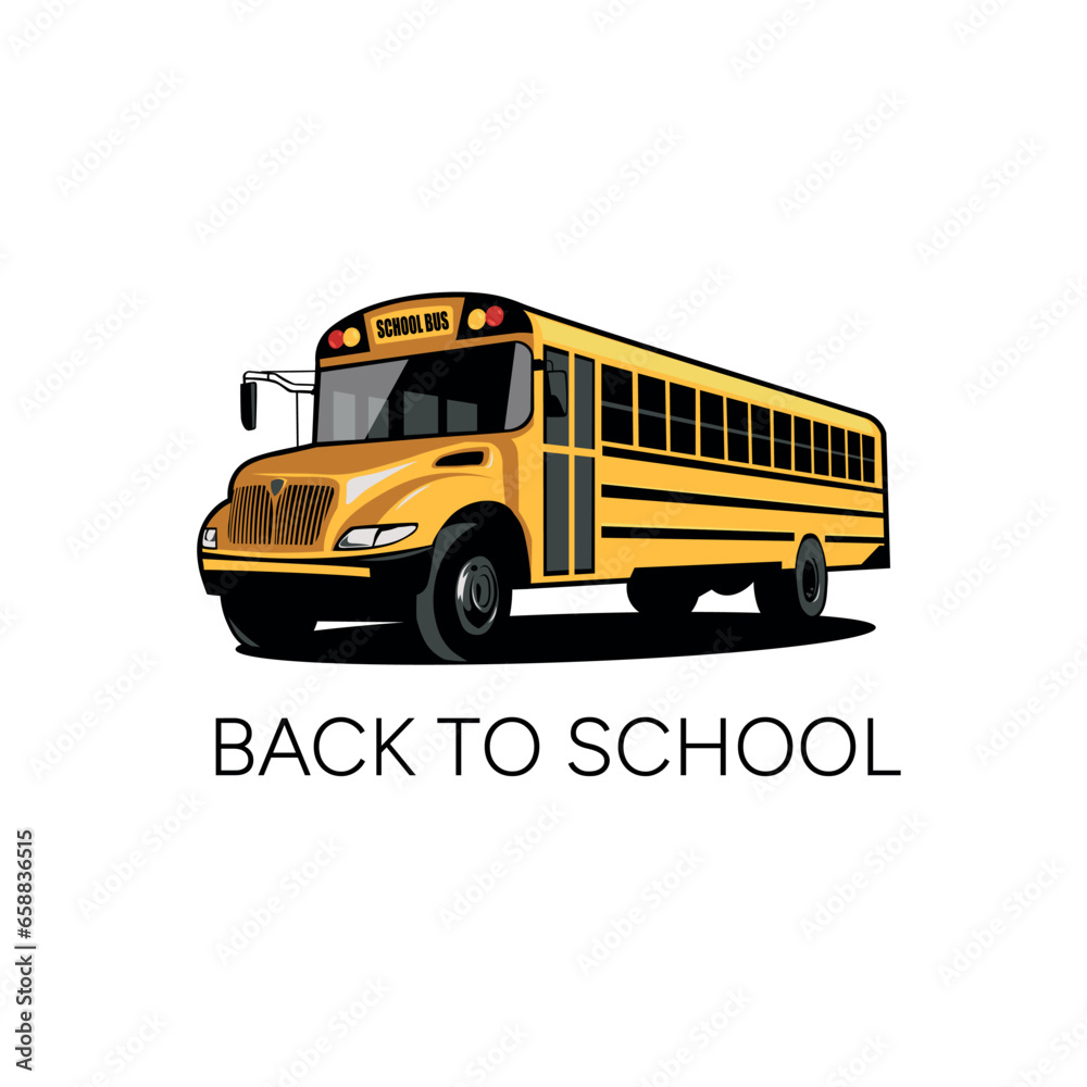 Yellow bus and text BACK TO SCHOOL on white background 