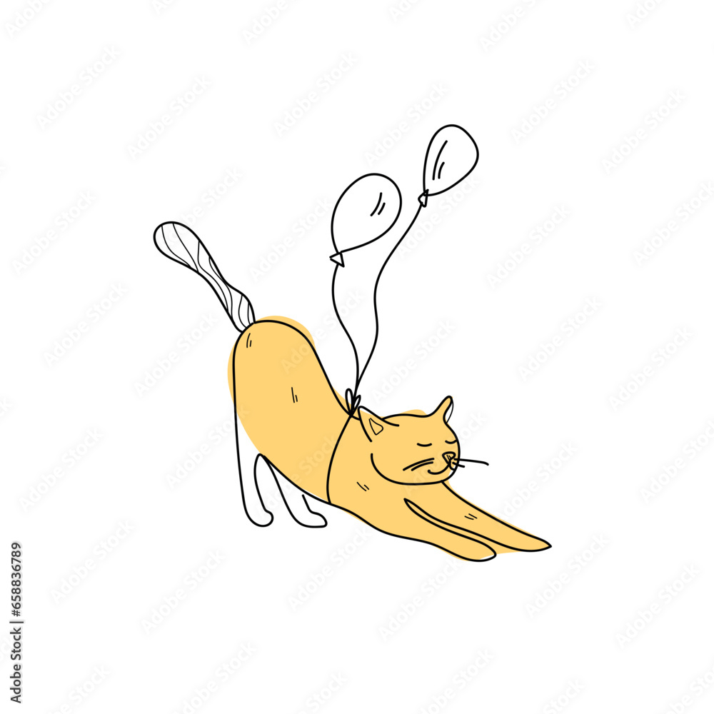 Cute cat with balloons on white background