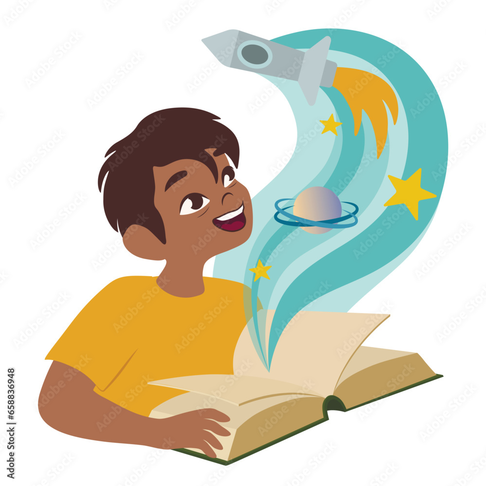 Little boy reading magic book on white background