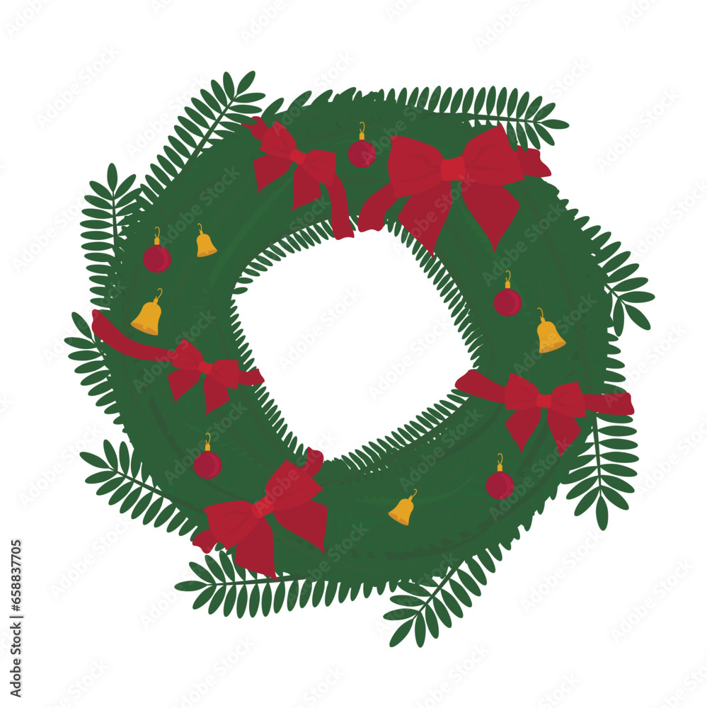 Christmas wreath with bows on white background