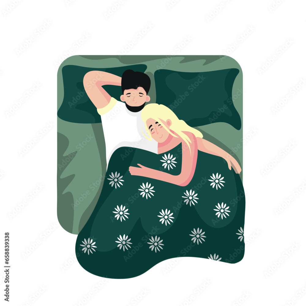 Couple sleeping in bed on white background, top view