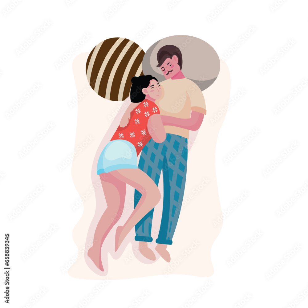 Couple sleeping in bed on white background, top view