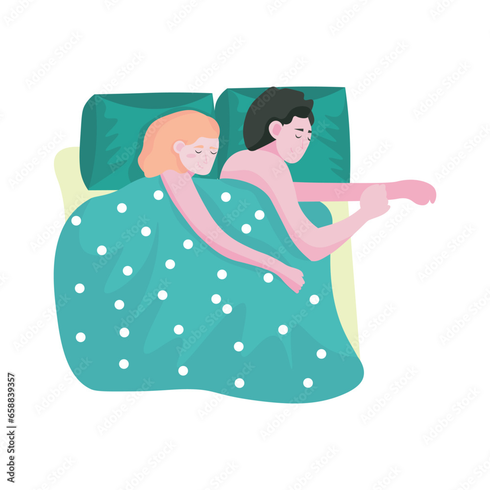 Couple sleeping in bed on white background, top view