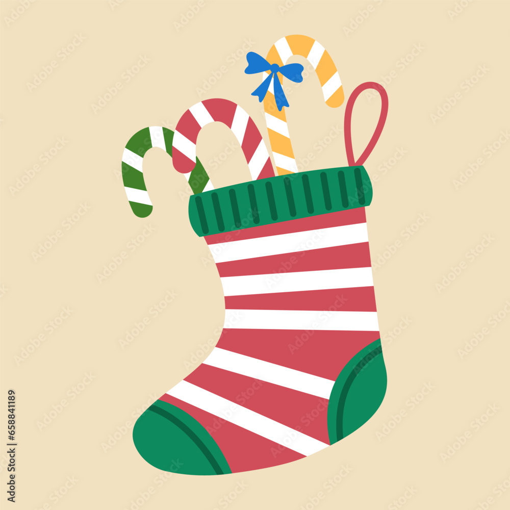 Beautiful Christmas sock with gifts on light background