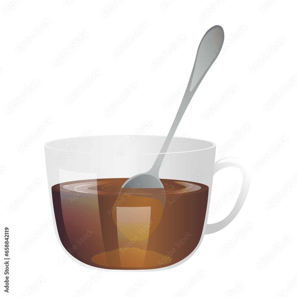 Glass cup of tea with sweet honey and spoon on white background