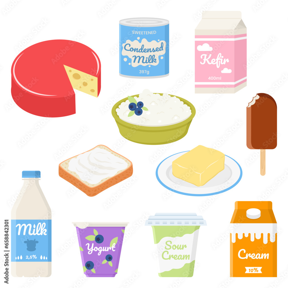 Assortment of healthy dairy products on white background