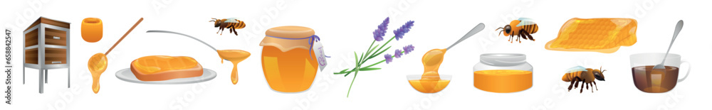 Collage of sweet honey with bees, lavender flowers, hive, comb and toast on white background