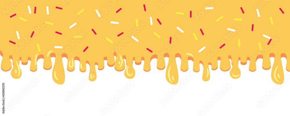 Dripping yellow cream with sprinkles on white background