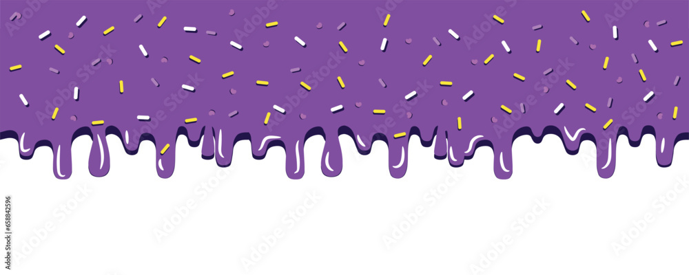 Dripping purple cream with sprinkles on white background