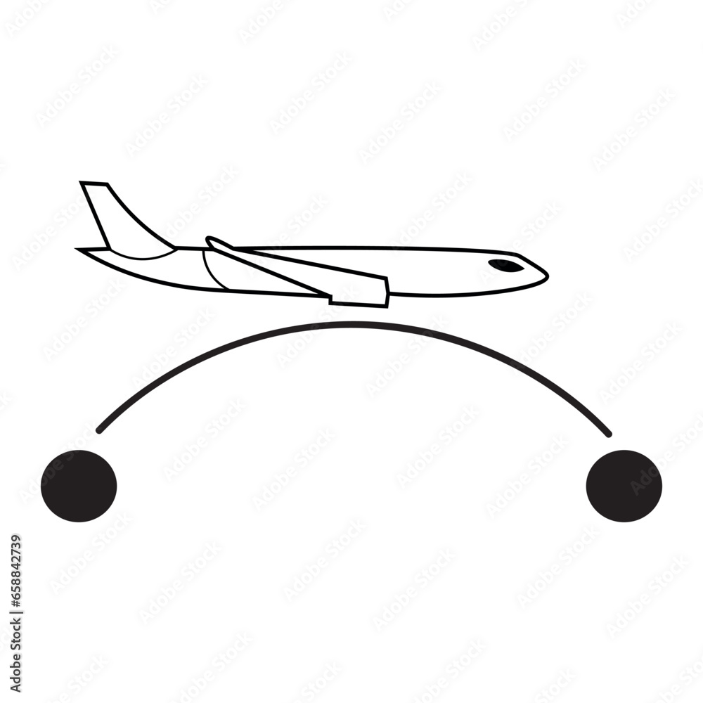 Drawn airplane and its route on white background