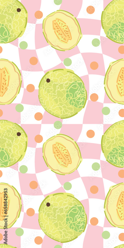 Many melons on checkered background. Pattern for summer season