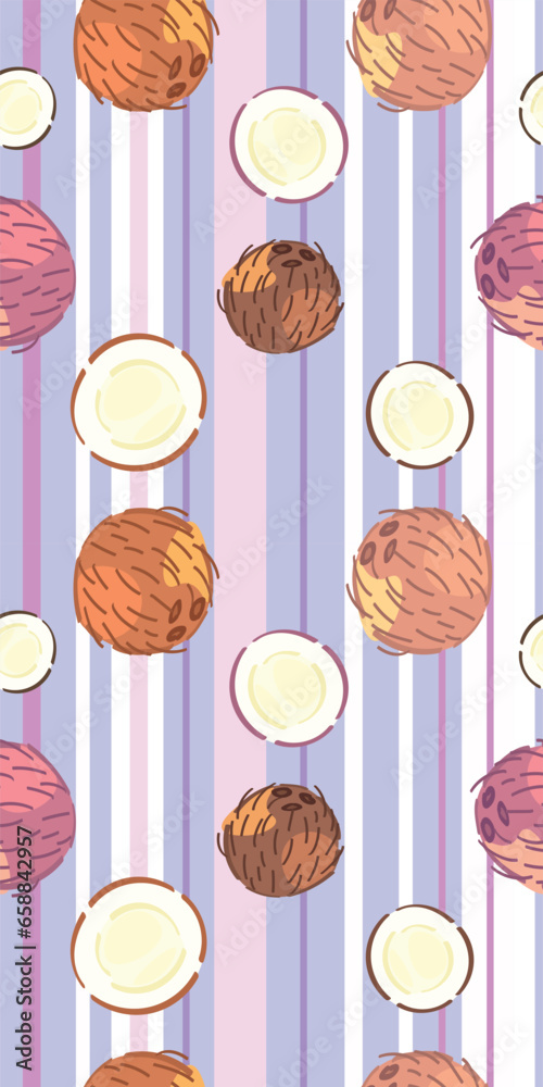 Many coconuts on color background. Pattern for summer season