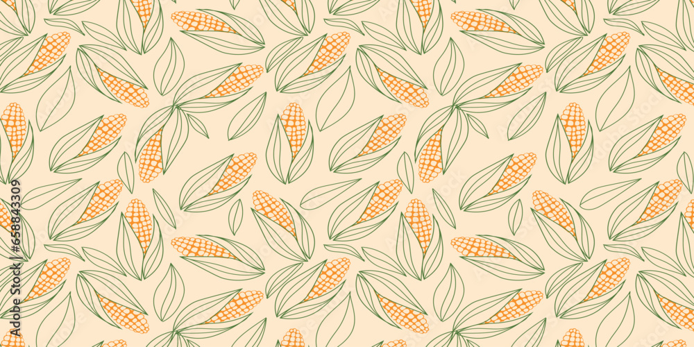 Many drawn corn cobs on light background. Pattern for design