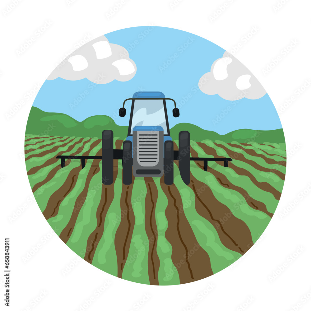 Tractor plowing up field on spring day