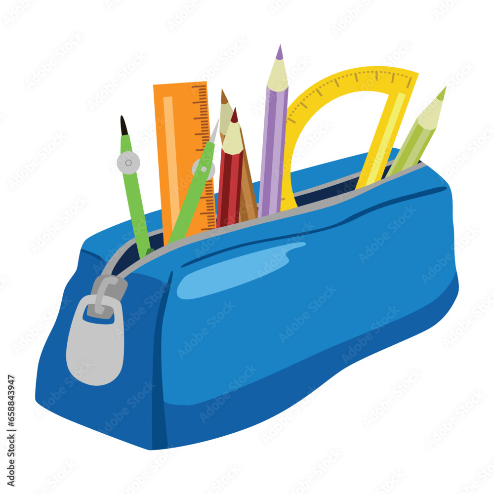 Blue pencil case with stationery on white background