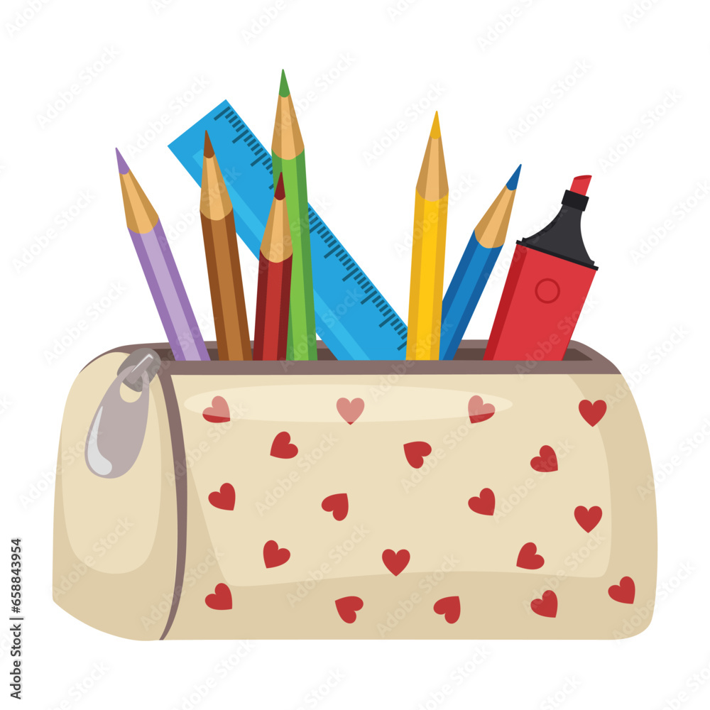 Pencil case with school supplies on white background