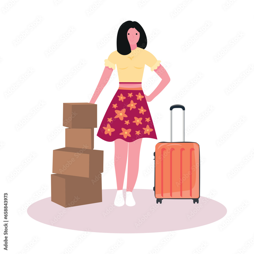 Female student with moving boxes and packed suitcase on white background