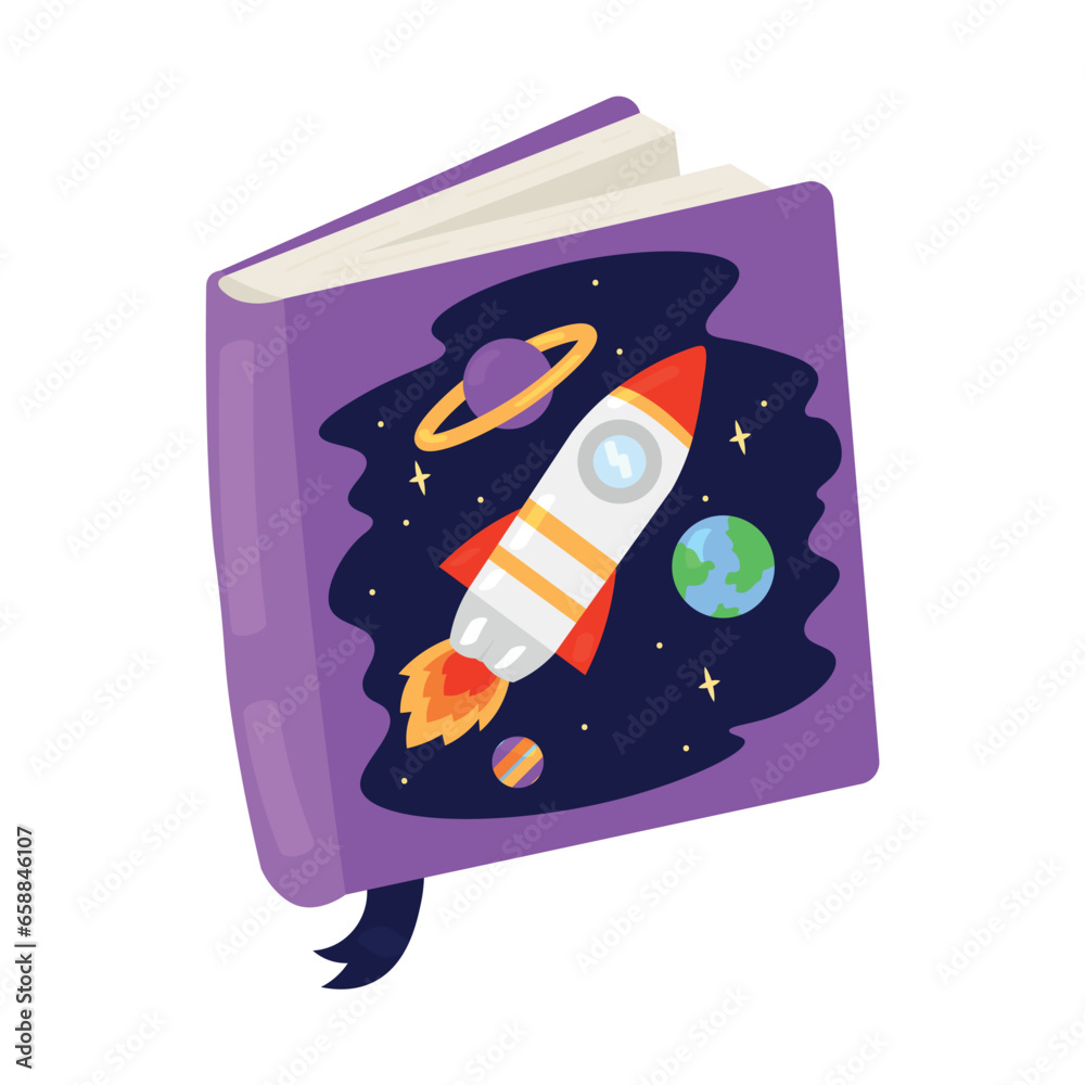 Childrens book with drawn spaceship on white background