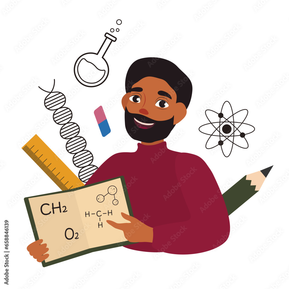 Male chemistry teacher with book on white background