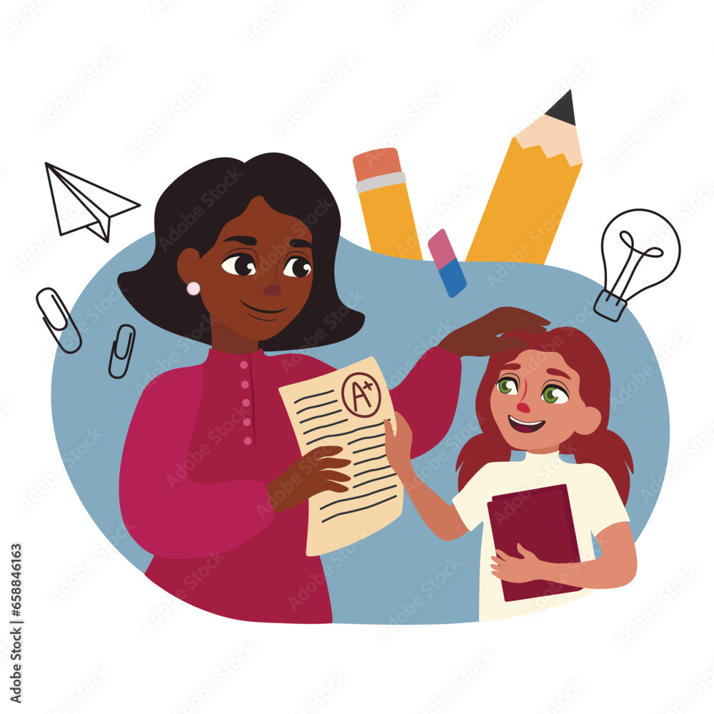 Female teacher with exam list and little girl on white background