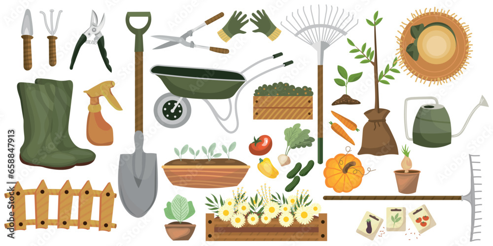 Collage of gardening supplies, plants and vegetables on white background