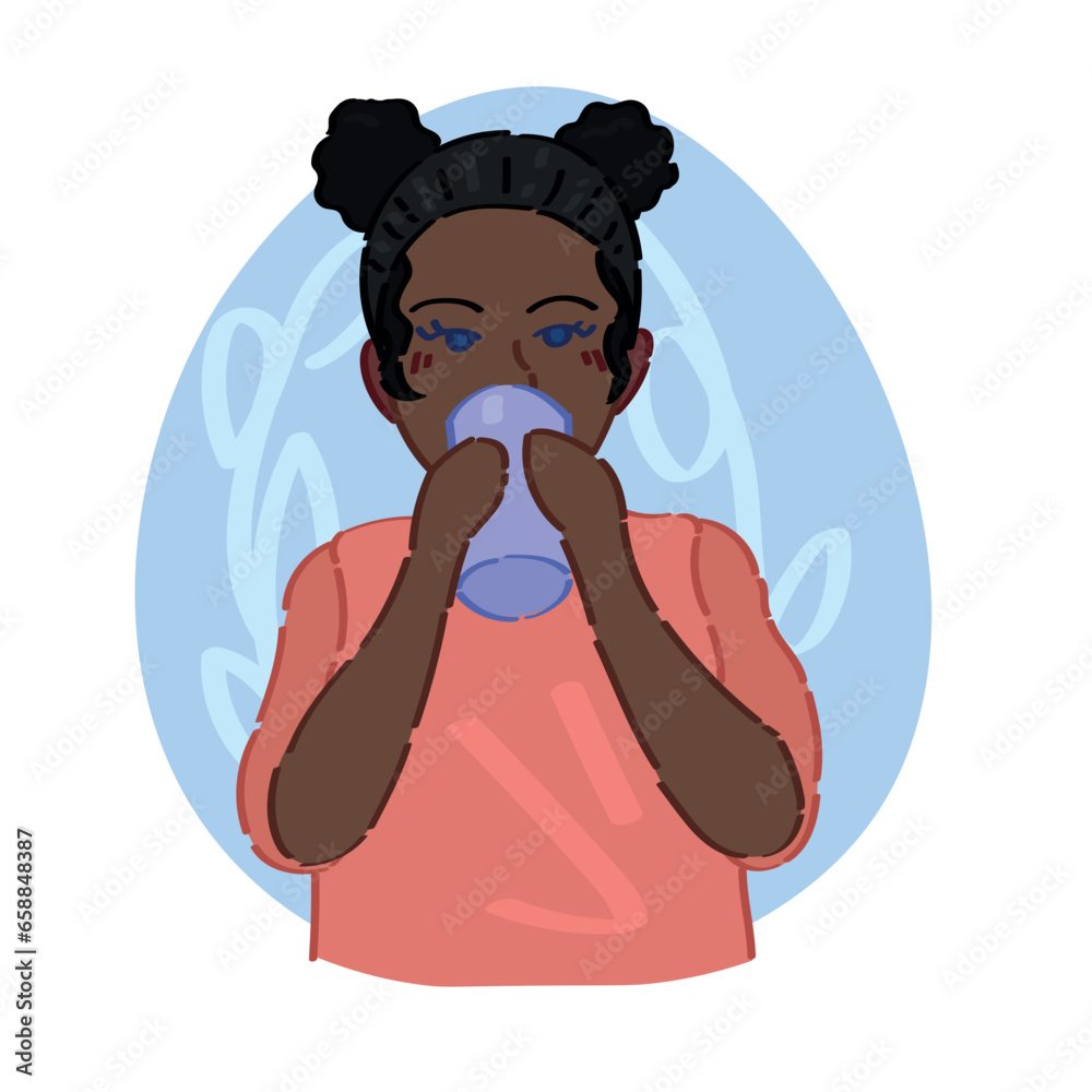 African-American girl drinking water on white background