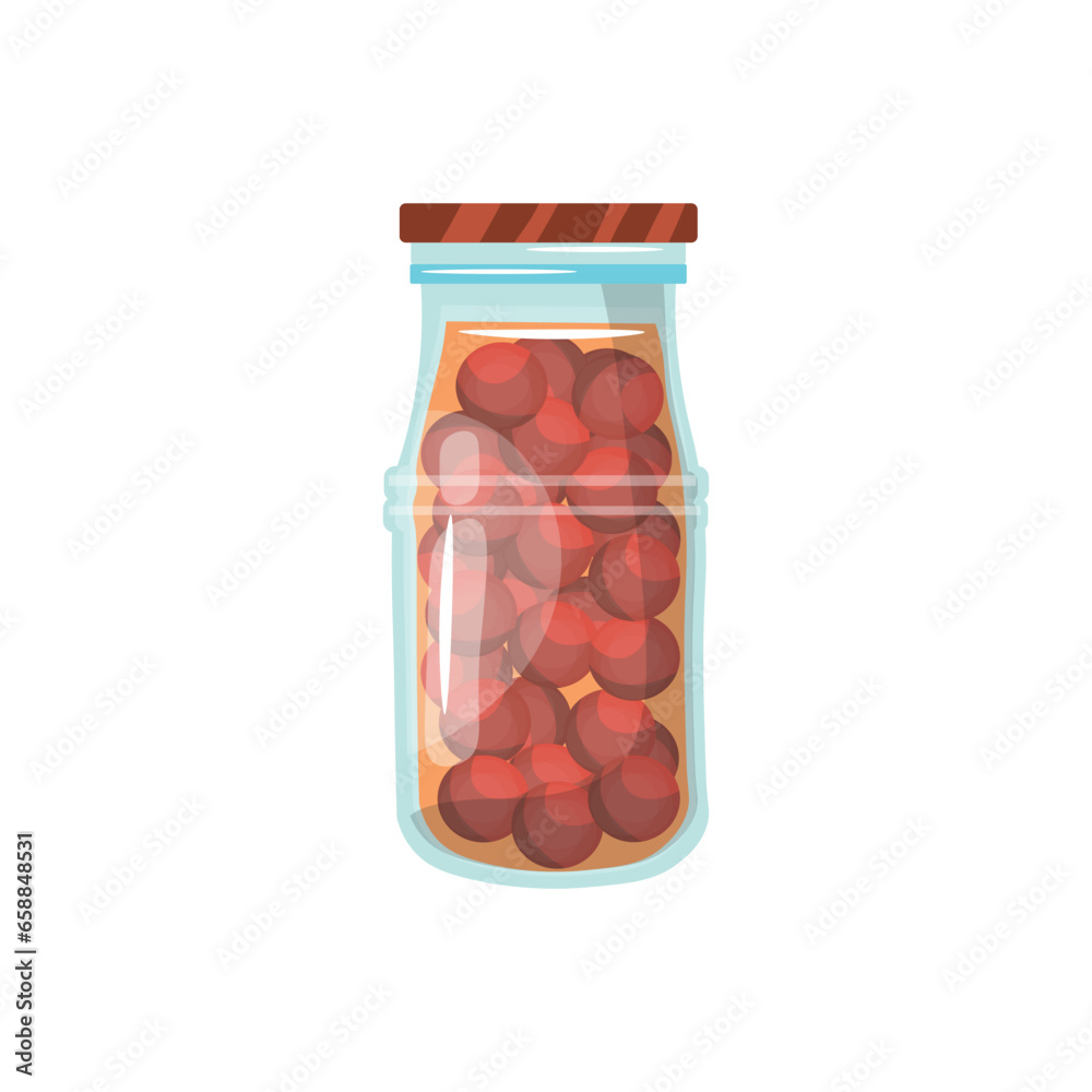 Glass jar of canned cherry tomatoes on white background