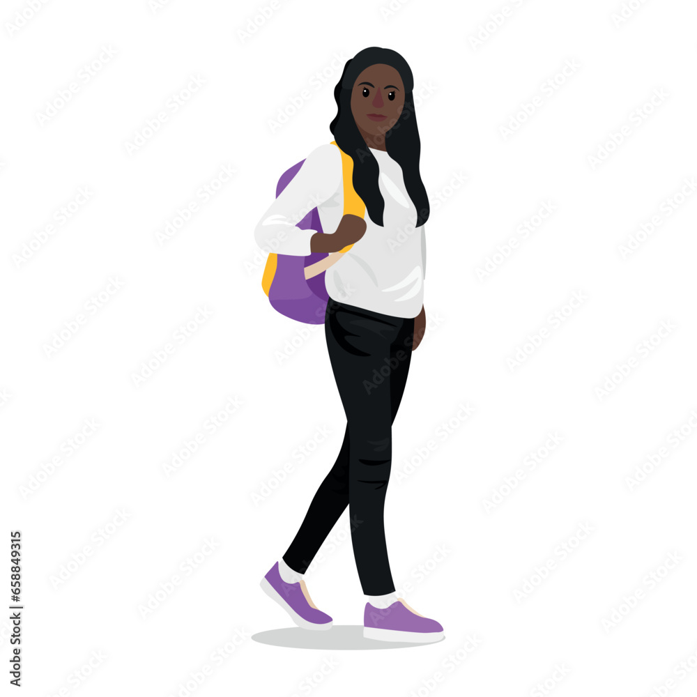 African-American girl with backpack going to school on white background