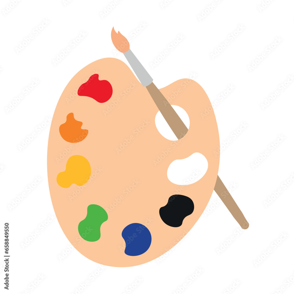 Paint palette with brush on white background